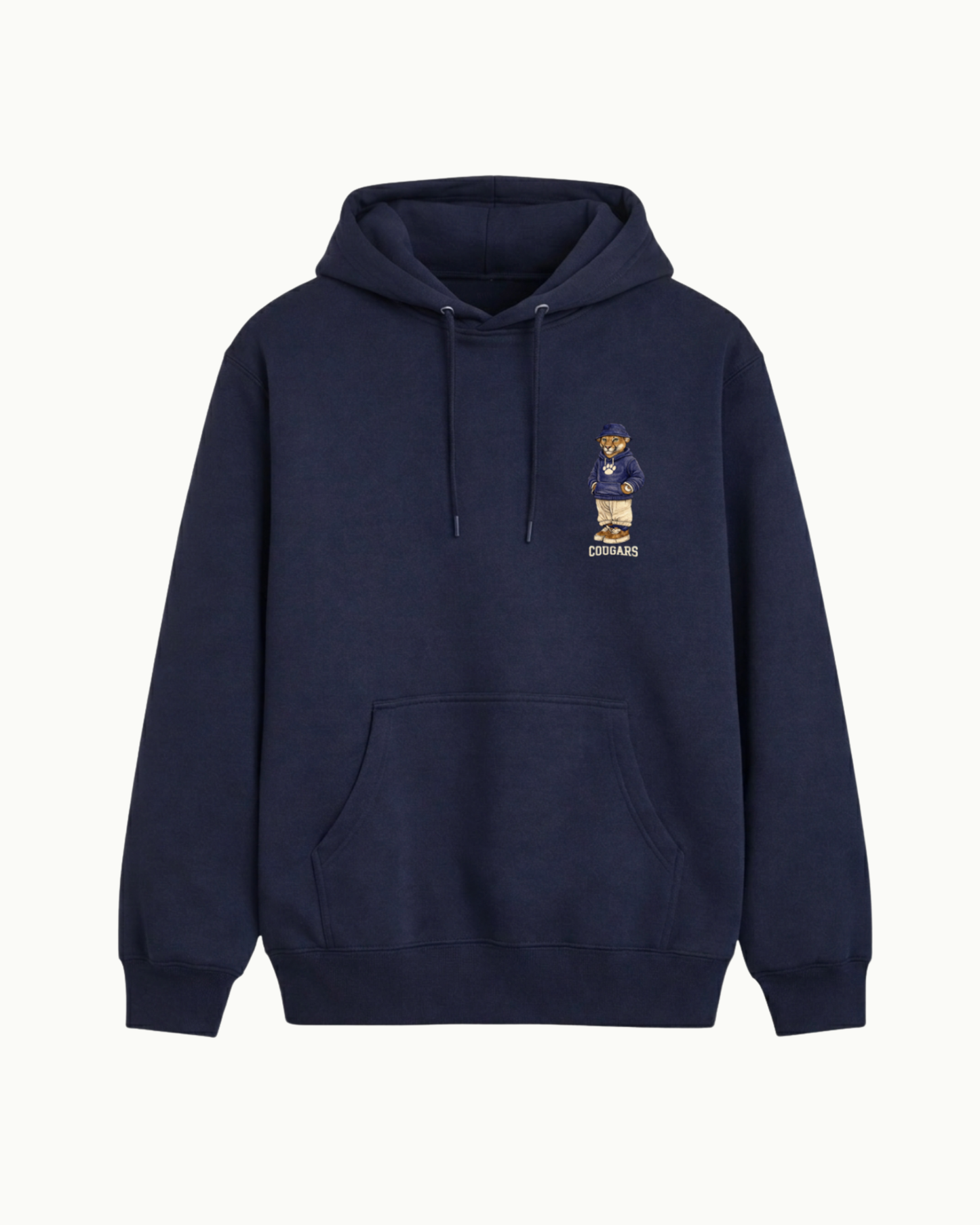 Navy blue hoodie with a logo on the chest against a white background