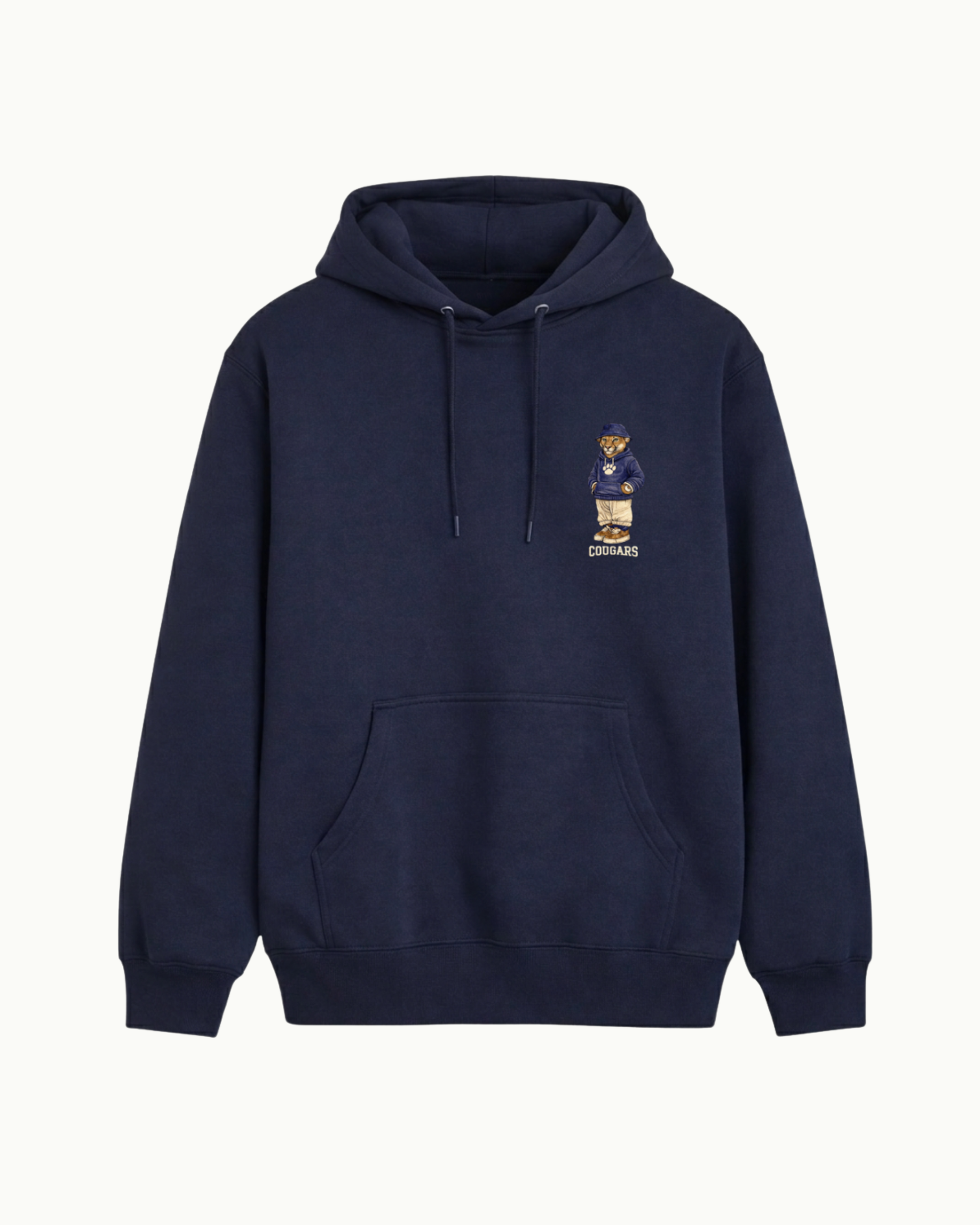 Navy blue hoodie with a logo on the chest against a white background
