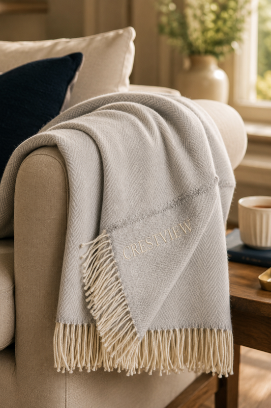 Embroidered Herringbone Throw Blanket